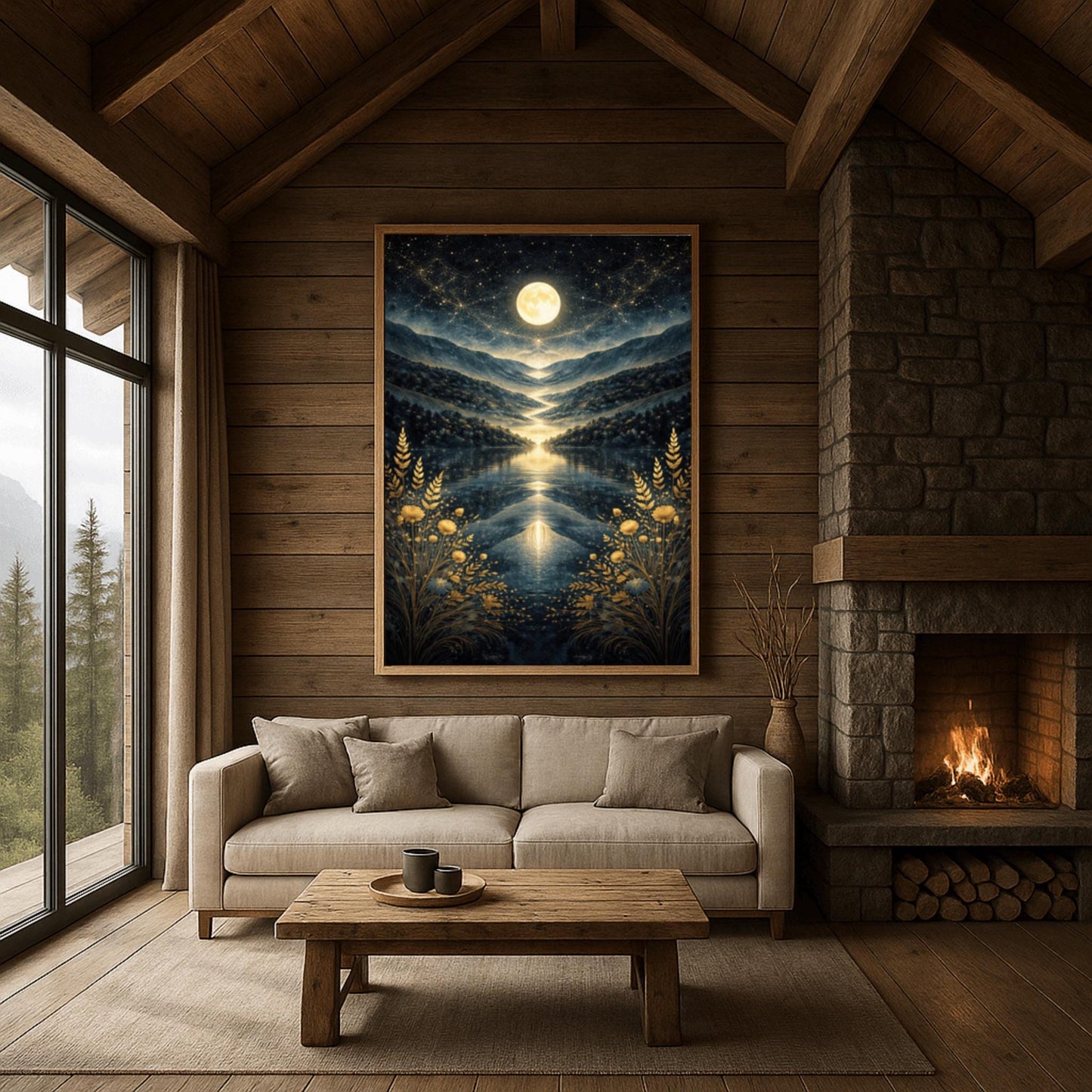 A vertical Art Nouveau illustration in the style of Gustav Klimt. A golden full moon and swirling stardust fill a dark blue sky above a symmetrical mountain valley. A river of light flows into a lake in the center, framed by golden wheat and flowers in the foreground.