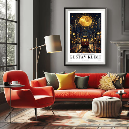 A vertical museum exhibition poster in the style of Gustav Klimt. A vintage-style red and brown streetcar sits on tracks in a Tokyo street at night, flanked by modern buildings. A massive golden moon with mosaic patterns fills the top of a dark sky crowded with golden spirals. Bold black text at the bottom reads "GUSTAV KLIMT" and "THE SAKURA KISS."