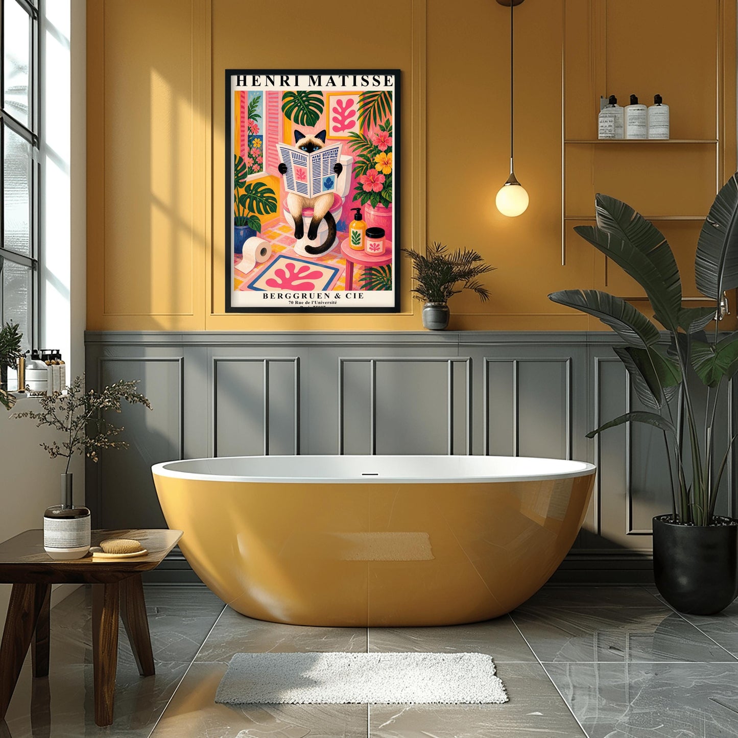 A vertical maximalist art print designed as a Henri Matisse exhibition poster. A cream-colored Siamese cat with dark brown points and blue eyes sits on a toilet, holding and reading a newspaper. The bathroom is vibrantly colored with pink walls, yellow and pink checkered tiles, and lush green monstera plants. A window with pink shutters looks out onto a blue sea. A pink bath mat with a leaf cut-out design and colorful soap jars add to the eclectic decor.