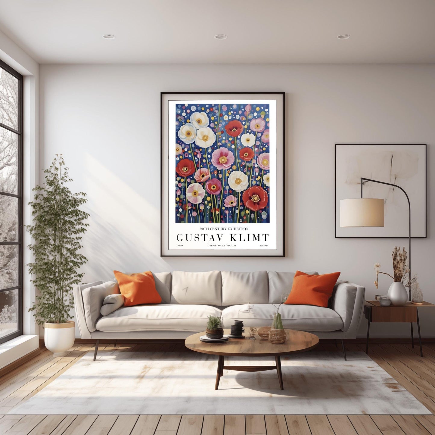 A vertical exhibition-style poster featuring a field of poppies in the style of Gustav Klimt. Large white, red, and pink flowers bloom on slender green stems against a dark navy background filled with shimmering gold and cream mosaic dots. The bottom margin features elegant typography reading "GUSTAV KLIMT" and "20TH CENTURY EXHIBITION."