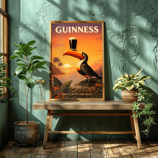 A vertical vintage-style advertising poster for Guinness. A colorful toucan balances a pint of dark beer on its beak while perched on tropical leaves. In the background, a large sun sets over a calm ocean and palm trees under an orange and purple sky. Text reads "GUINNESS" and "SERVE WITH THE BEST."