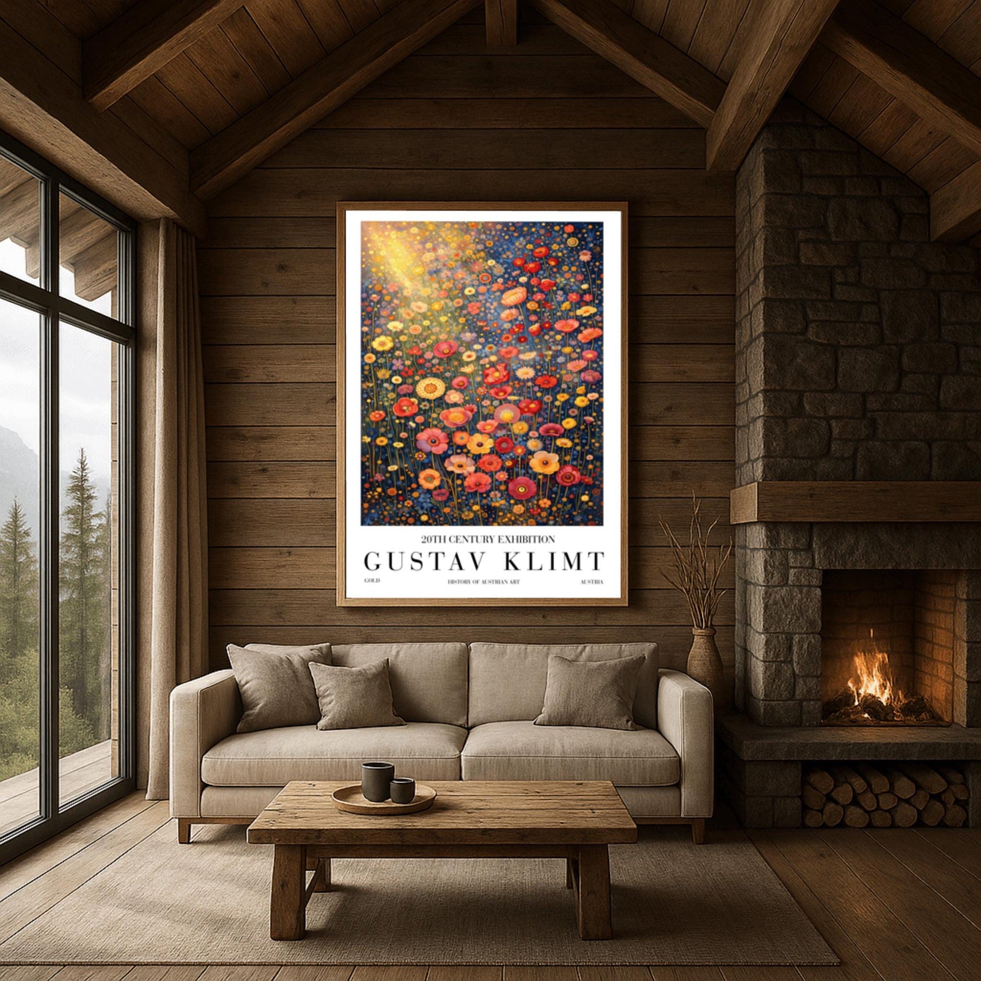 A vertical museum exhibition poster in the style of Gustav Klimt. A dense field of stylized poppies and wildflowers in coral, red, and yellow fills the frame. A bright golden sunburst glows from the top left. The background is a dark navy blue. Bold black text at the bottom reads "GUSTAV KLIMT" and "HISTORY OF AUSTRIAN ART."