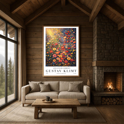 A vertical museum exhibition poster in the style of Gustav Klimt. A dense field of stylized poppies and wildflowers in coral, red, and yellow fills the frame. A bright golden sunburst glows from the top left. The background is a dark navy blue. Bold black text at the bottom reads "GUSTAV KLIMT" and "HISTORY OF AUSTRIAN ART."