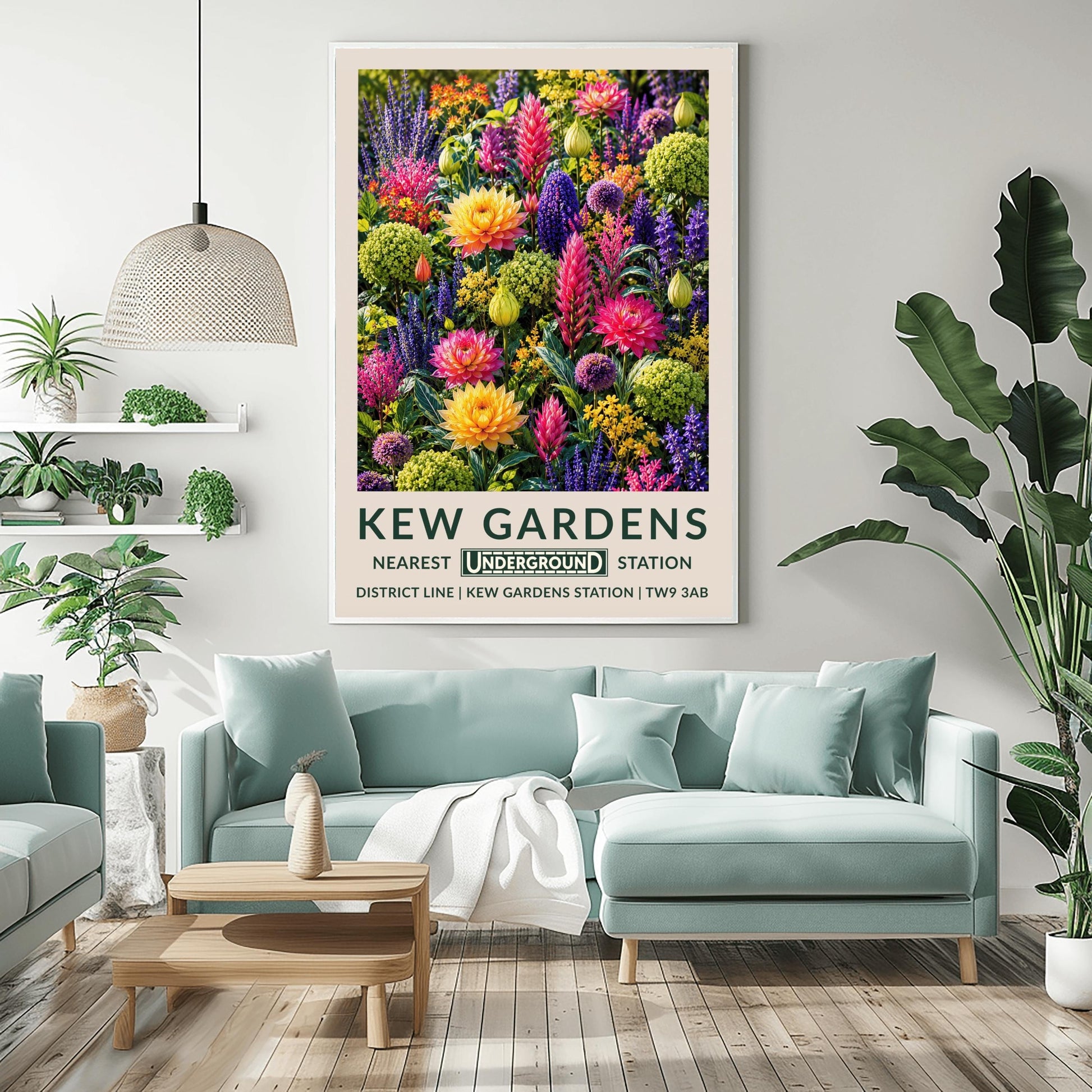 A vertical retro London Underground travel poster for Kew Gardens on a wide cream border. The top image shows a densely packed botanical illustration of a vibrant summer flower border featuring large orange-yellow and magenta dahlias, tall pink flower spikes, purple alliums, violet lupines, and chartreuse green clusters. The bottom cream border features the text "KEW GARDENS" in dark green, followed by "NEAREST UNDERGROUND STATION"