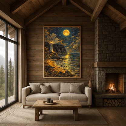 A vertical museum exhibition poster in the style of Gustav Klimt. A white lighthouse stands on a rugged cliff overlooking a dark ocean at night. A massive golden moon with mosaic patterns fills the top of the sky, reflecting on the waves. Bold black text at the bottom reads "GUSTAV KLIMT."