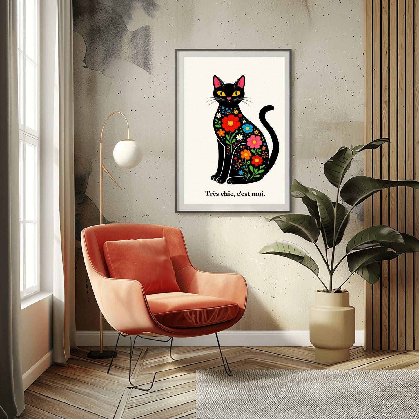 A vertical minimalist art print of a sleek black cat sitting upright, facing forward. The cat's body is filled with colorful folk-art style flowers in red, blue, orange, and yellow with green leaves. The cat has large yellow eyes and a small pink nose. Below the cat, the French phrase "Très chic, c'est moi." is written in a black serif font. The entire image is set against a textured off-white background.