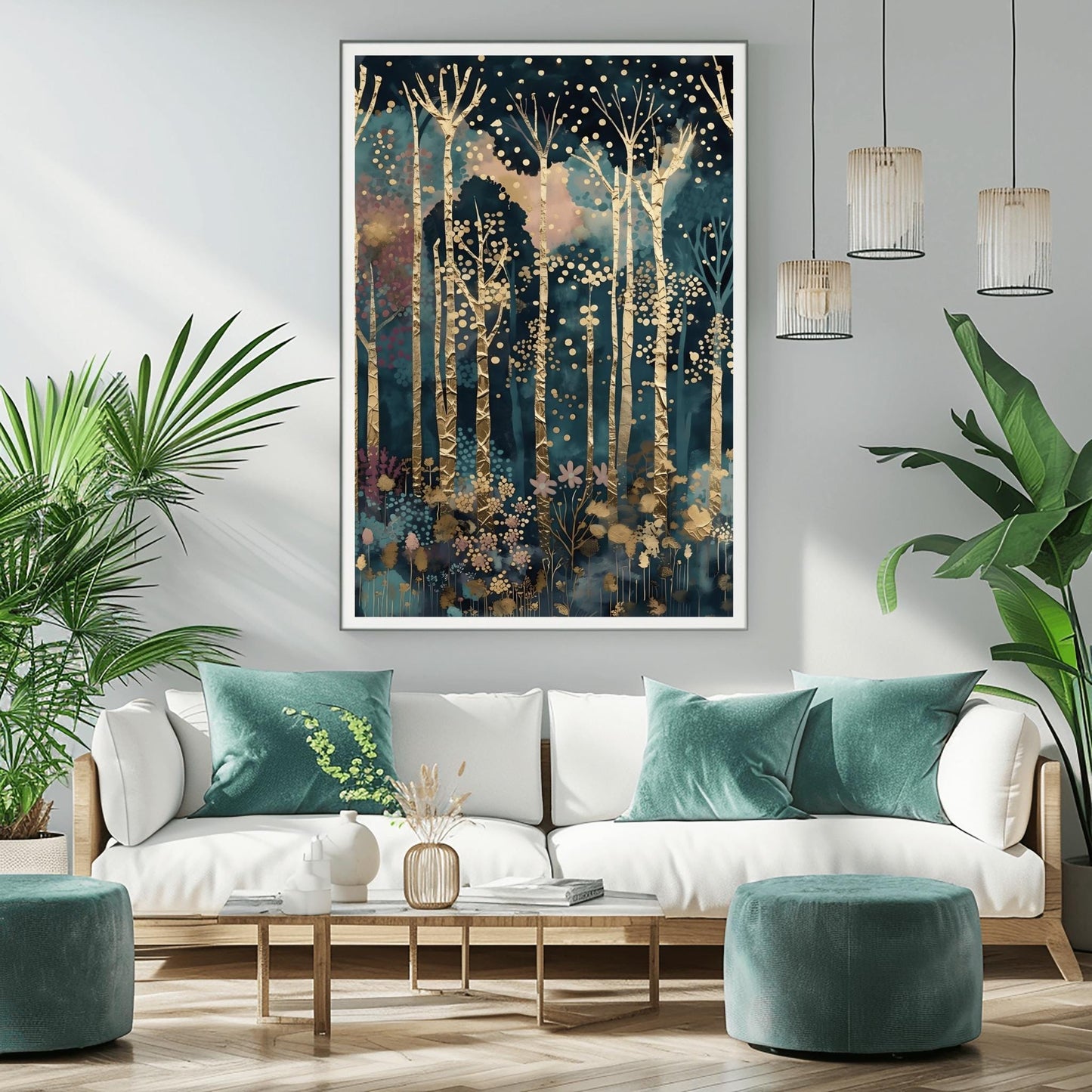 A vertical fine art painting in the style of Gustav Klimt. Tall, slender birch trees with heavy gold-leaf textures and dark geometric patterns rise against a dark teal and navy midnight sky. The sky is filled with floating golden orbs and stardust. At the bottom, a delicate layer of pink and blue stylized flowers grows among the roots. The overall mood is quiet, luxurious, and magical.