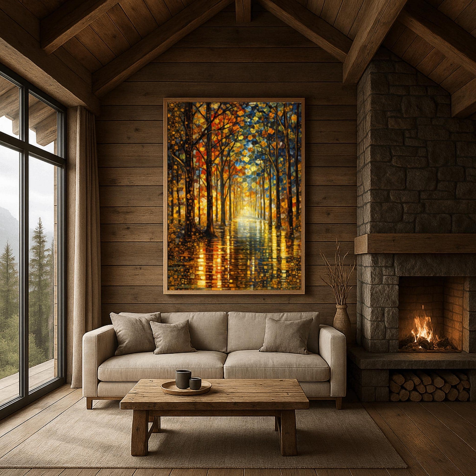 A vertical, highly detailed oil painting in the style of Gustav Klimt. A forest path lined with tall, slender trees is illuminated by a warm, golden light at the end of the corridor. The leaves are a mosaic of gold, orange, and red circles and geometric shapes. The path in the foreground is wet and reflects the brilliant colors of the trees in a shimmering, textured pattern.