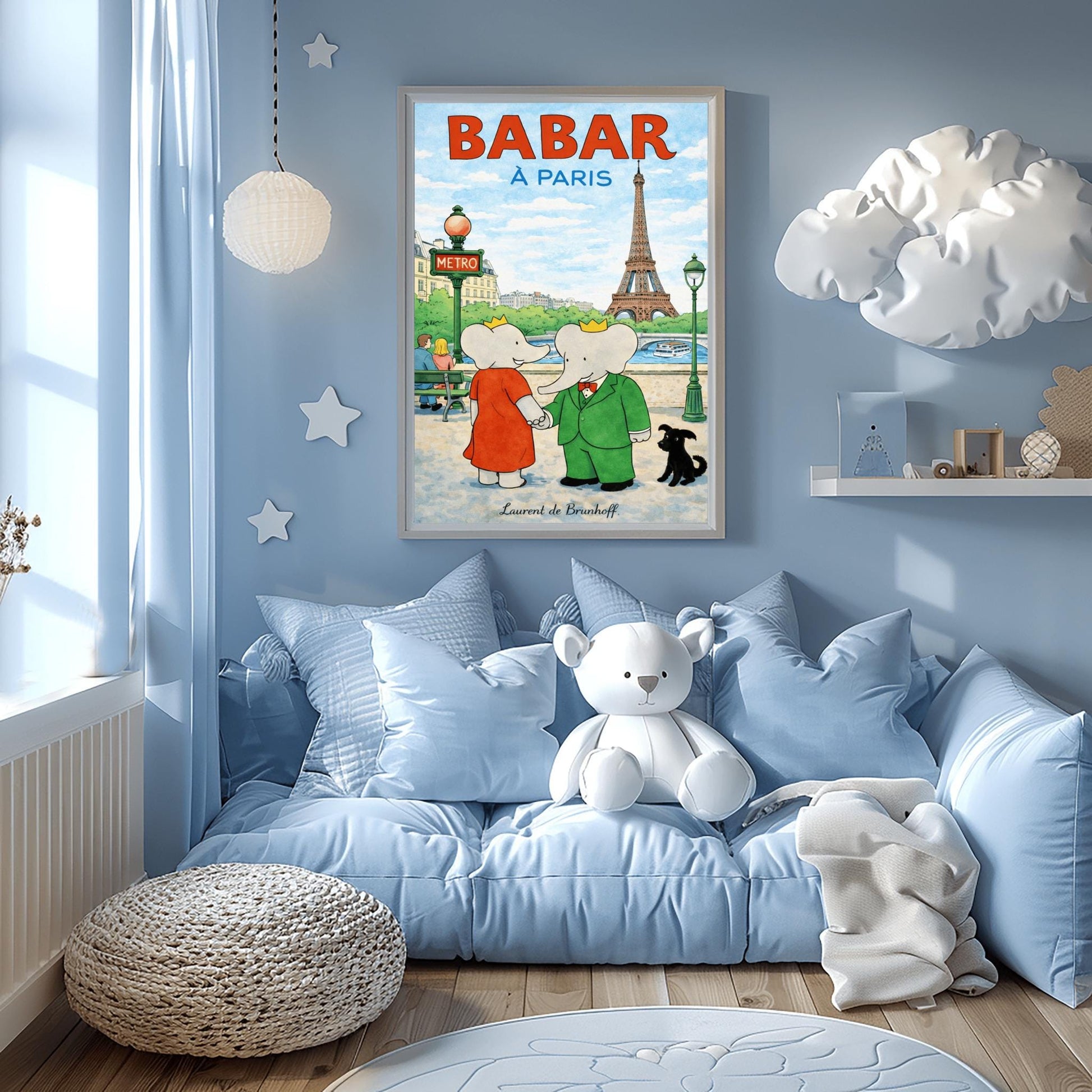 A vertical children's illustration poster titled "BABAR À PARIS" in large red and blue letters. King Babar, in a green suit, and Queen Celeste, in a red dress, are holding hands on a sidewalk in Paris. The Eiffel Tower is visible in the background across a river with a stone bridge and boat. To the left is a green "METRO" sign, and a small black dog sits to the right. The name "Laurent de Brunhoff" is at the bottom.