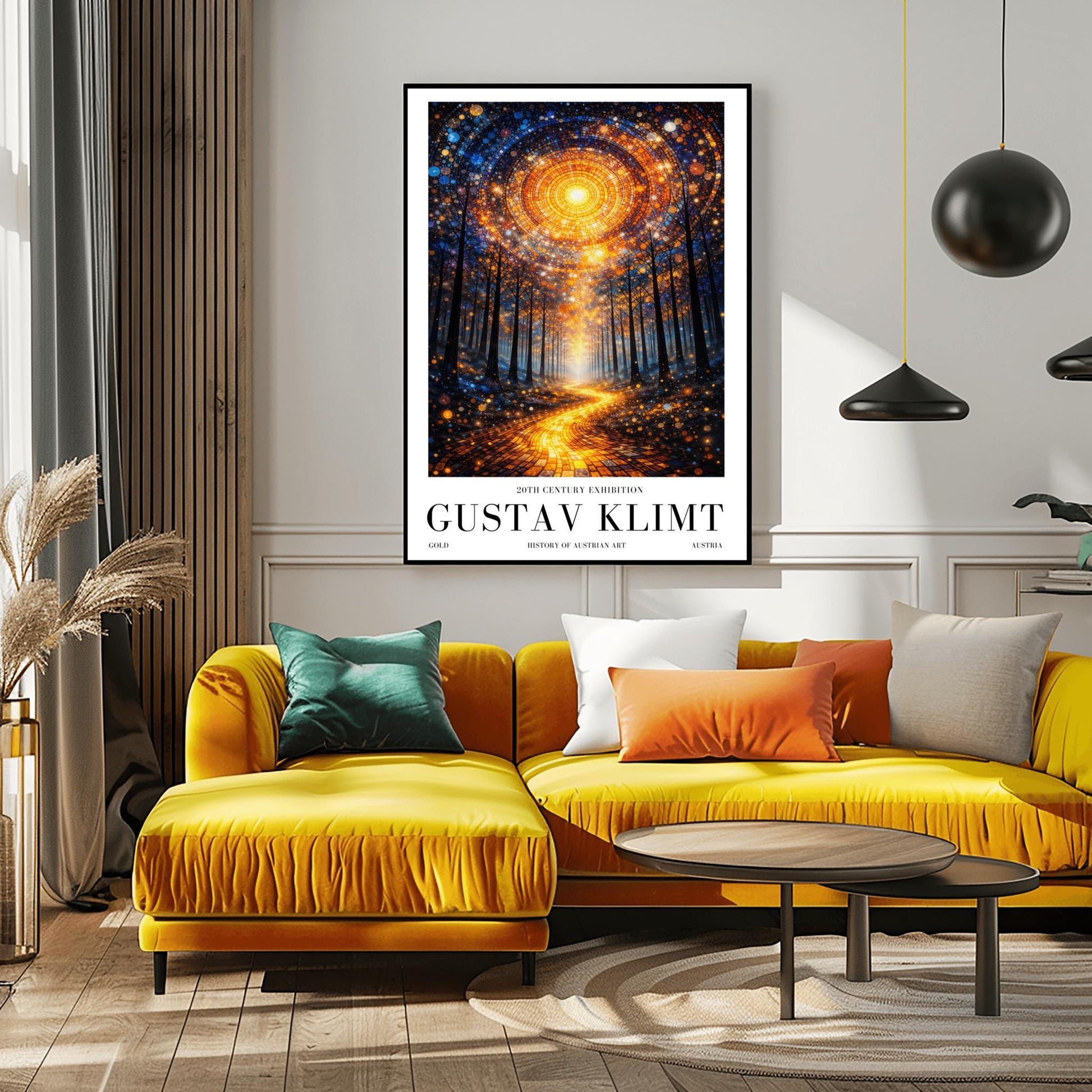 A vertical, highly detailed Art Nouveau illustration featuring a winding golden mosaic path leading through a dark forest toward a bright light. Above, a massive circular portal in the sky is made of intricate mosaic tiles in gold and blue. The scene is filled with shimmering golden stardust.