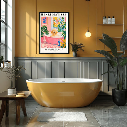 A vertical fine art exhibition poster in the style of Henri Matisse featuring a wide cream border. Bold black text reads "HENRI MATISSE" at the top and "BERGGRUEN & CIE" with a Parisian address at the bottom. The central painting shows an apricot toy poodle dog sitting in a pink bubble bath surrounded by a pink checkered floor, a monstera plant, and a large window overlooking colorful yellow and pink garden plants.