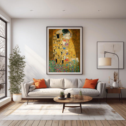 A vertical fine art print of "The Kiss" by Gustav Klimt. Two lovers are shown in an intimate embrace, their bodies covered in elaborate, decorative gold robes. The man's robe features black and white geometric shapes, while the woman's features colorful floral circles. They kneel on a lush bed of colorful wildflowers against a dark, shimmering gold background. The style is rich in mosaic-like patterns and Art Nouveau ornamentation.