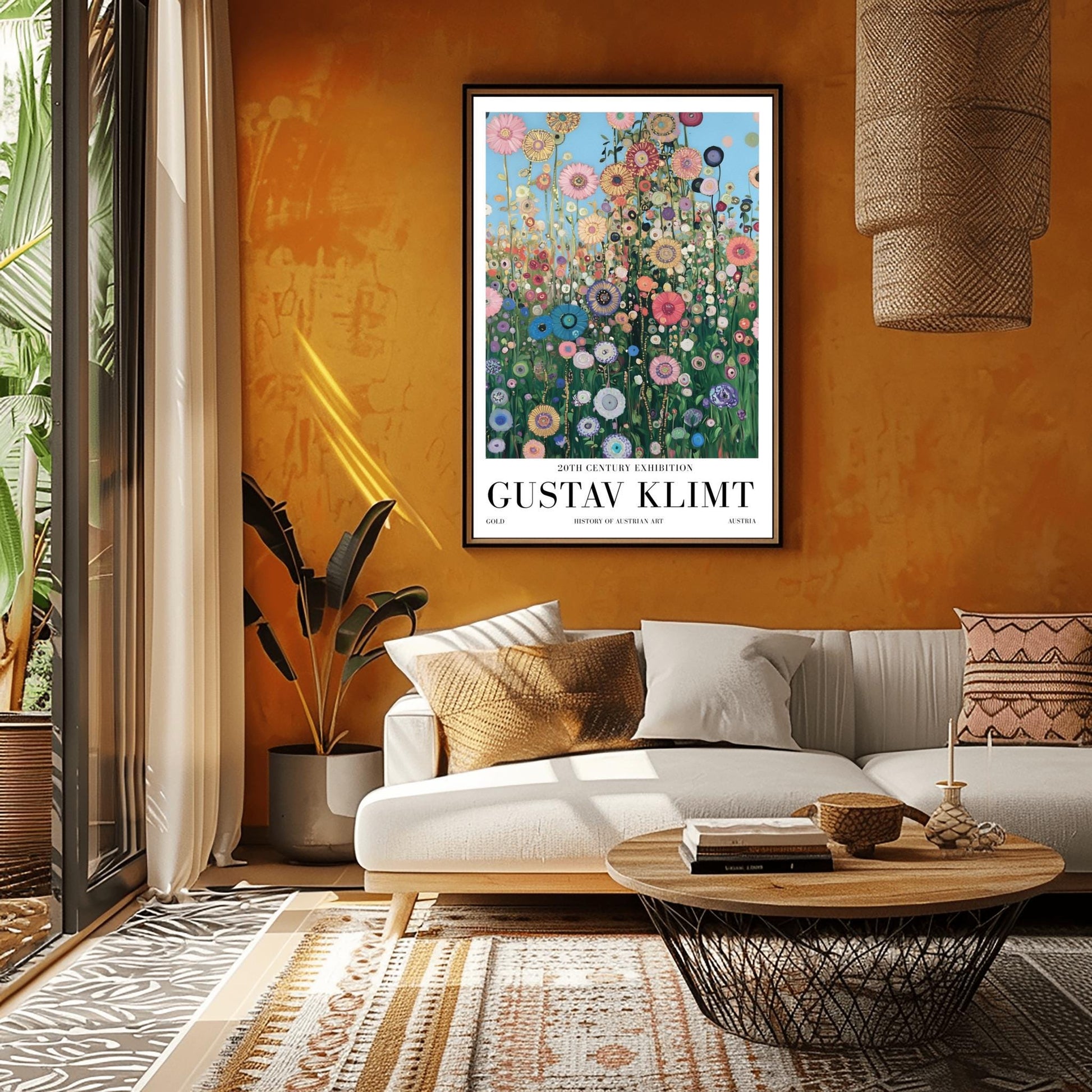 A vertical museum exhibition poster in the style of Gustav Klimt. A dense field of colorful, stylized wildflowers in pink, blue, and orange reaches upward toward a light blue sky filled with golden orbs. Each flower is detailed with mosaic patterns and gold leaf. Bold black text at the bottom reads "GUSTAV KLIMT" and "HISTORY OF AUSTRIAN ART."