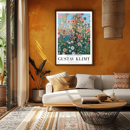 A vertical museum exhibition poster in the style of Gustav Klimt. A dense field of colorful, stylized wildflowers in pink, blue, and orange reaches upward toward a light blue sky filled with golden orbs. Each flower is detailed with mosaic patterns and gold leaf. Bold black text at the bottom reads "GUSTAV KLIMT" and "HISTORY OF AUSTRIAN ART."