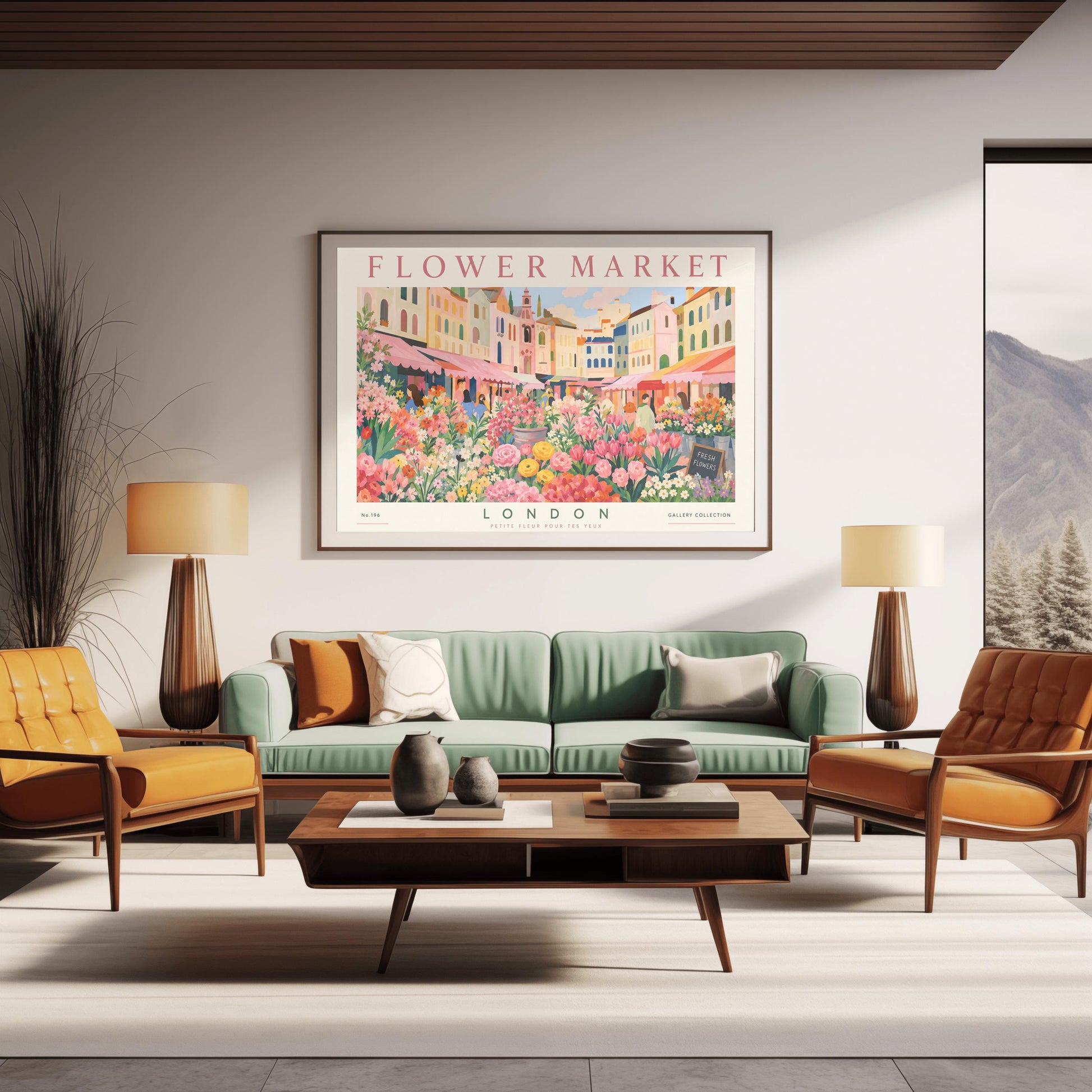 A vintage-style exhibition poster titled "FLOWER MARKET" at the top and "LONDON" at the bottom. The illustration depicts a vibrant open-air market scene packed with dense stalls of pink tulips, yellow ranunculus, and assorted green foliage. In the background, a row of colorful, multi-story pastel buildings stands under a light blue sky with soft white clouds, with shoppers walking between the stalls.