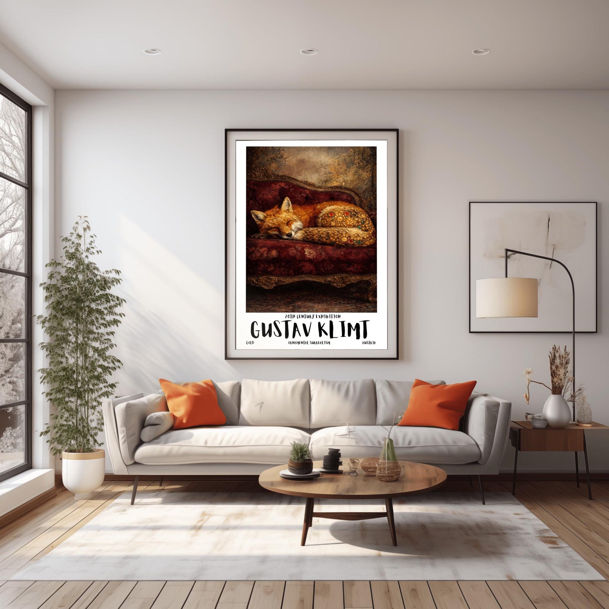 A vertical exhibition poster for Gustav Klimt featuring a red fox sleeping on a dark crimson velvet antique sofa. The fox's haunches are covered in golden mosaic flowers and jewels. Bold text at the bottom reads "GUSTAV KLIMT" and "Ornamental Surrealism."