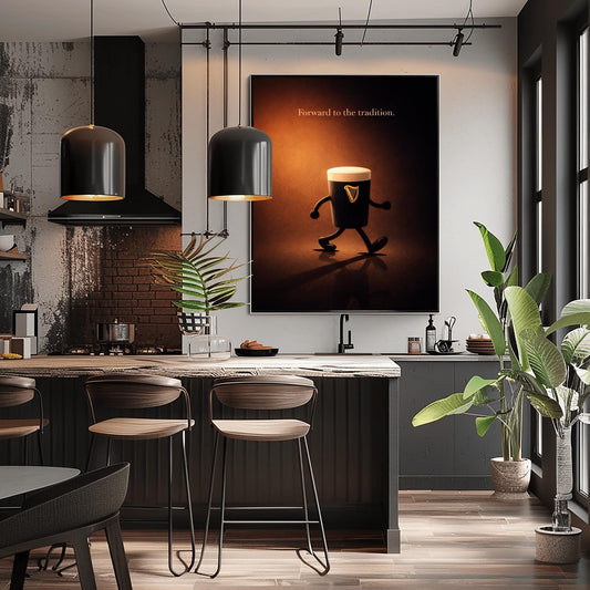 A vertical cinematic illustration of a 3D Guinness pint character with cartoon arms and legs, walking across a reflective dark floor. The background is a warm, glowing amber light. At the top, the words "Forward to the tradition." are written in a gold-colored serif font.