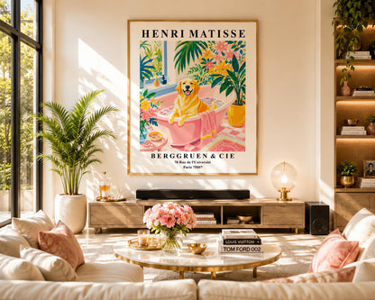 A vertical minimalist fine art exhibition poster in the style of Henri Matisse, bordered by a wide white frame margin. In the center, a simple black line drawing outlines the head and happy expression of a Golden Retriever dog. The composition is accented by vibrant, flat paper-cut abstract shapes, including a royal blue coral leaf on the left, a terracotta red shape on the right, and a mustard yellow block at the base against a clean white background.