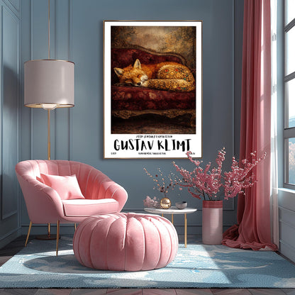 A vertical exhibition poster for Gustav Klimt featuring a red fox sleeping on a dark crimson velvet antique sofa. The fox's haunches are covered in golden mosaic flowers and jewels. Bold text at the bottom reads "GUSTAV KLIMT" and "Ornamental Surrealism."