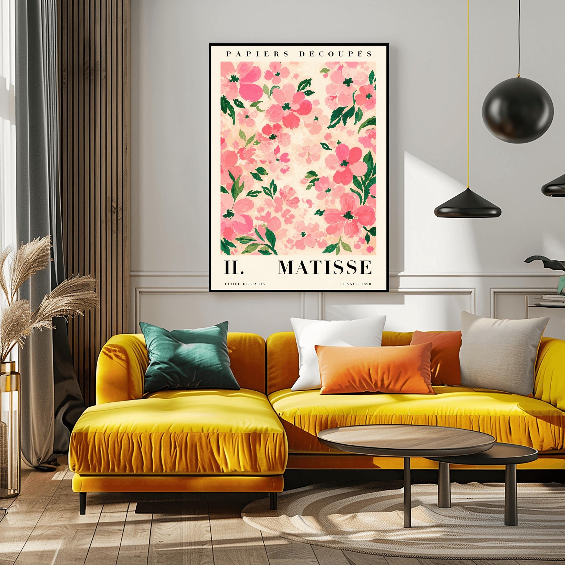 A vertical art print styled as a Henri Matisse exhibition poster. The central image is a dense pattern of soft pink and rose-colored flowers with dark green leaves on a cream-colored background. The flowers are painted with visible, textured brushstrokes. Above the image, the words "PAPIERS DÉCOUPÉS" are written in a black serif font. Below the image, the text reads "H. MATISSE" in large letters, with "ECOLE DE PARIS" and "FRANCE 1890" in smaller text at the bottom.