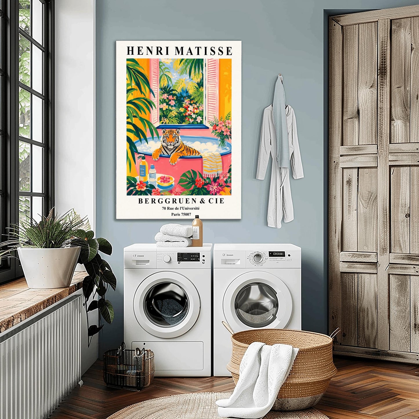 A vertical minimalist fine art exhibition poster in the style of Henri Matisse, featuring a wide white border layout. In the center, a simple black line drawing illustrates a tiger in a crouching, stalking pose. The illustration is set against a vibrant mustard yellow background block, framed by flat paper-cut abstract shapes including a royal blue coral leaf on the left and a terracotta red shape on the right against a solid white backdrop.