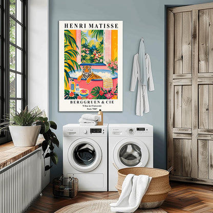 A vertical minimalist fine art exhibition poster in the style of Henri Matisse, featuring a wide white border layout. In the center, a simple black line drawing illustrates a tiger in a crouching, stalking pose. The illustration is set against a vibrant mustard yellow background block, framed by flat paper-cut abstract shapes including a royal blue coral leaf on the left and a terracotta red shape on the right against a solid white backdrop.