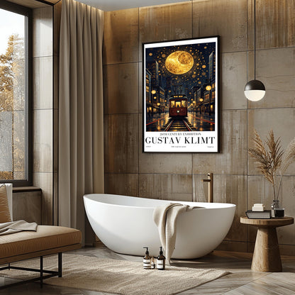 A vertical museum exhibition poster in the style of Gustav Klimt. A vintage-style red and brown streetcar sits on tracks in a Tokyo street at night, flanked by modern buildings. A massive golden moon with mosaic patterns fills the top of a dark sky crowded with golden spirals. Bold black text at the bottom reads "GUSTAV KLIMT" and "THE SAKURA KISS."