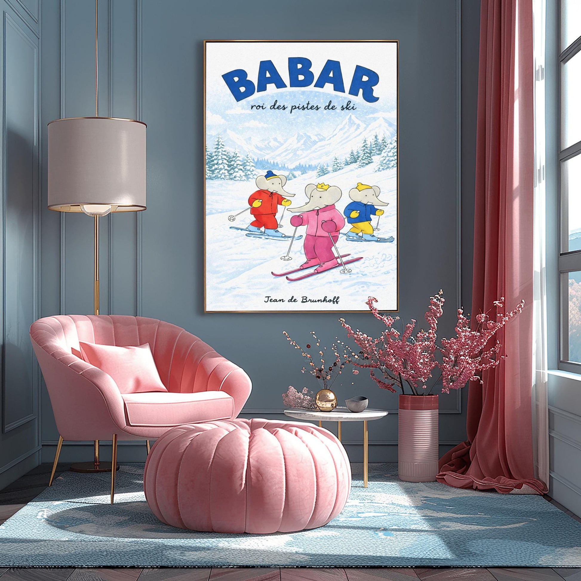 A vertical children's illustration poster titled "BABAR: roi des pistes de ski" in blue. Three elephants are skiing down a gentle, snow-covered slope. The central elephant wears a pink snowsuit and crown. To the left is an elephant in red, and to the right is one in blue and yellow. The background features snowy mountains and a pine forest under a light blue sky. The name "Jean de Brunhoff" is at the bottom.
