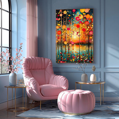 A vertical oil painting in the style of Gustav Klimt. Slender birch trees stand in the foreground of a calm turquoise lake. A soft, glowing sun is centered on the horizon, reflecting in the water. The trees are decorated with floating, circular mosaic leaves in vibrant shades of red, orange, and yellow. The style is highly textured with decorative patterns throughout the sky and water.