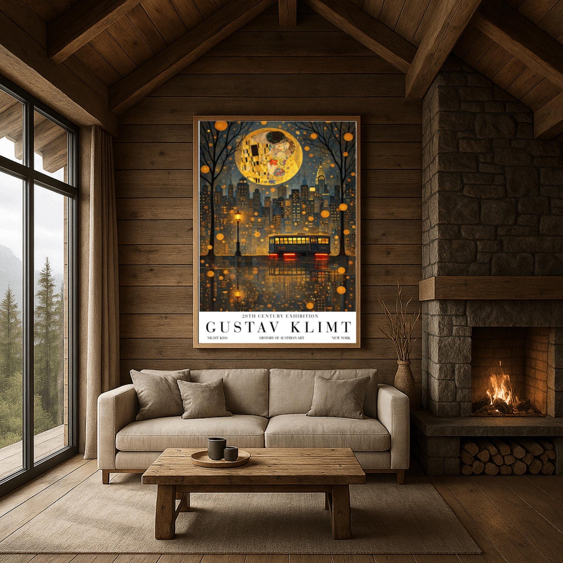 A vertical exhibition poster in the style of Gustav Klimt. A large, textured golden moon contains the iconic figures from "The Kiss" floating above a dark New York City skyline. The Chrysler Building is visible. In the foreground, a vintage trolley reflects in rain-slicked streets. Bold text at the bottom reads "GUSTAV KLIMT" and "NEW YORK."