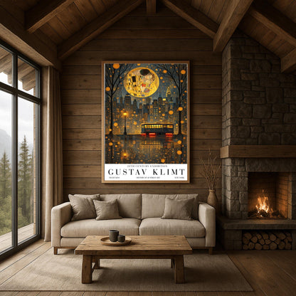 A vertical exhibition poster in the style of Gustav Klimt. A large, textured golden moon contains the iconic figures from "The Kiss" floating above a dark New York City skyline. The Chrysler Building is visible. In the foreground, a vintage trolley reflects in rain-slicked streets. Bold text at the bottom reads "GUSTAV KLIMT" and "NEW YORK."