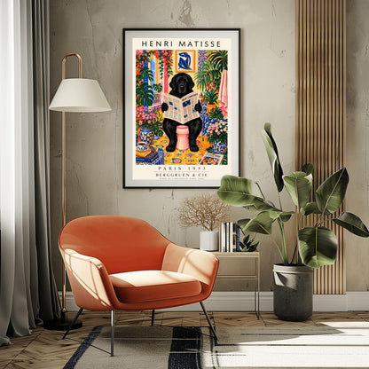 A vertical vintage-style art exhibition poster titled "HENRI MATISSE" at the top and "PARIS 1953 BERGGRUEN & CIE" at the bottom. The main image shows a large, fluffy black Newfoundland dog sitting on a pink toilet in a highly decorated bathroom, reading a newspaper. The room is filled with yellow pattern tiles, blue-and-white wallpaper, a blue Matisse cutout art frame on the wall, multiple large green houseplants, and vases filled with colorful pink flowers.