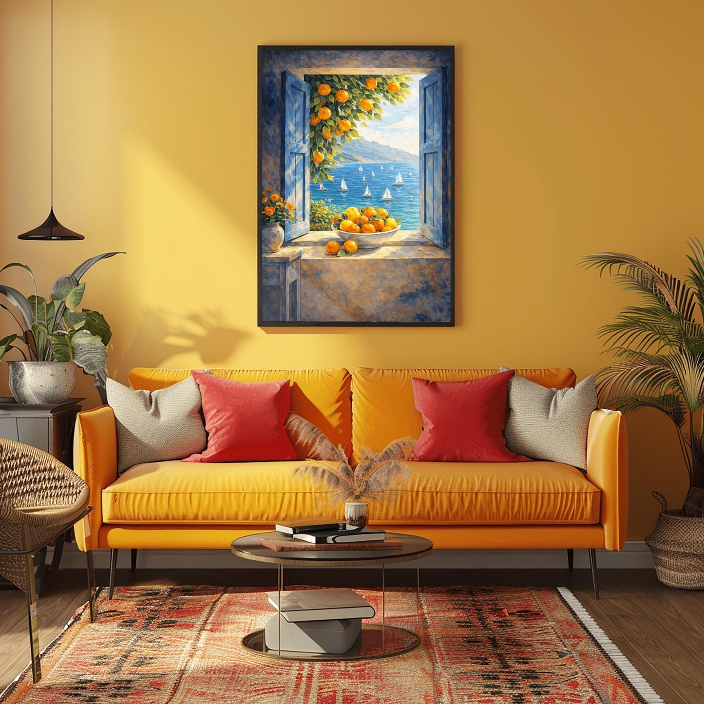 A vertical painterly illustration of an open window with blue shutters looking out at a sea with many sailboats. On the windowsill sits a large bowl overflowing with oranges. A branch with oranges hangs from the top, and a vase of yellow flowers is on a table to the left.