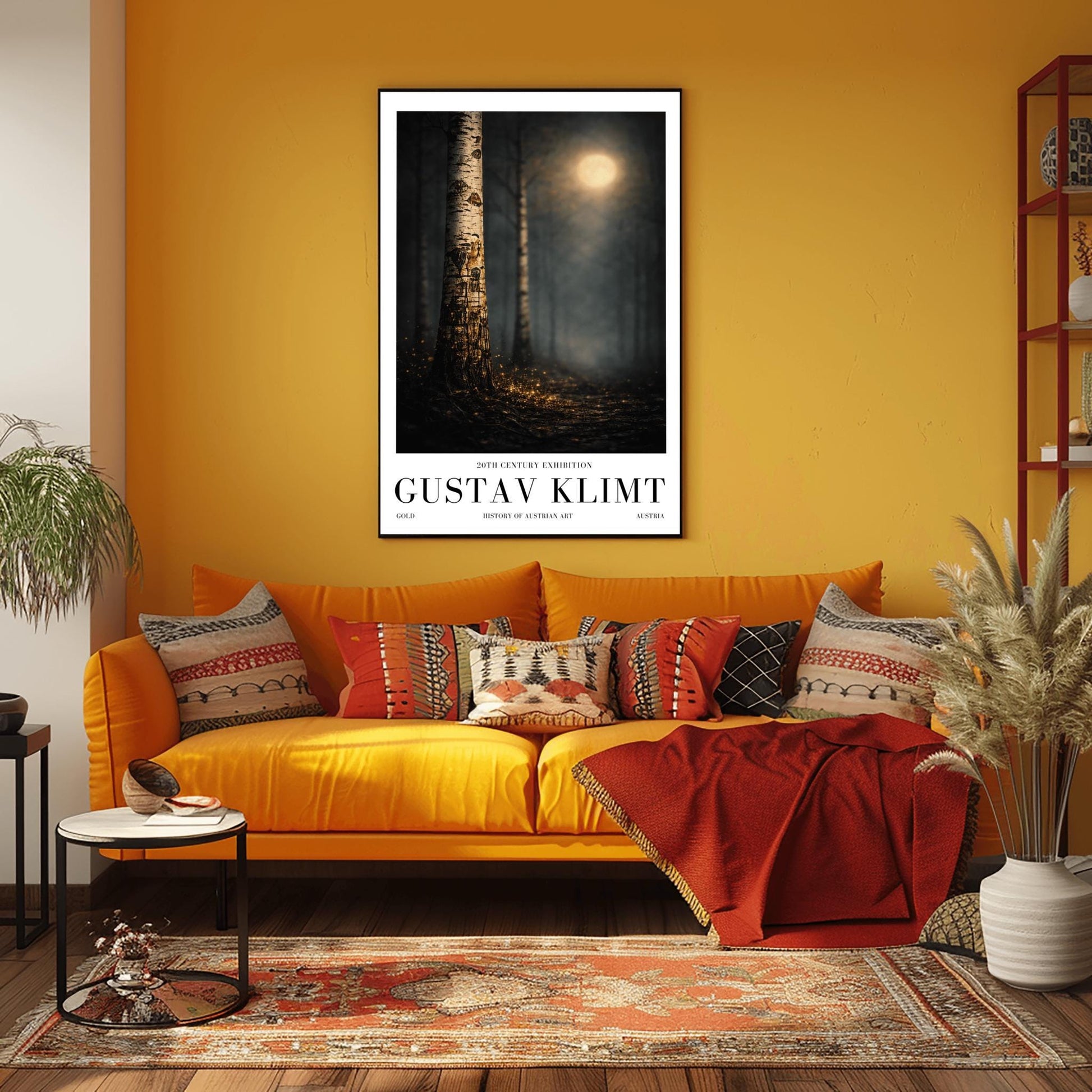 A vertical Art Nouveau illustration of a close-up birch tree trunk. The bark is covered in golden mosaic-like patterns and shimmering cracks. A soft, out-of-focus golden moon glows in a dark, misty forest background, and the ground is covered in glowing golden embers.