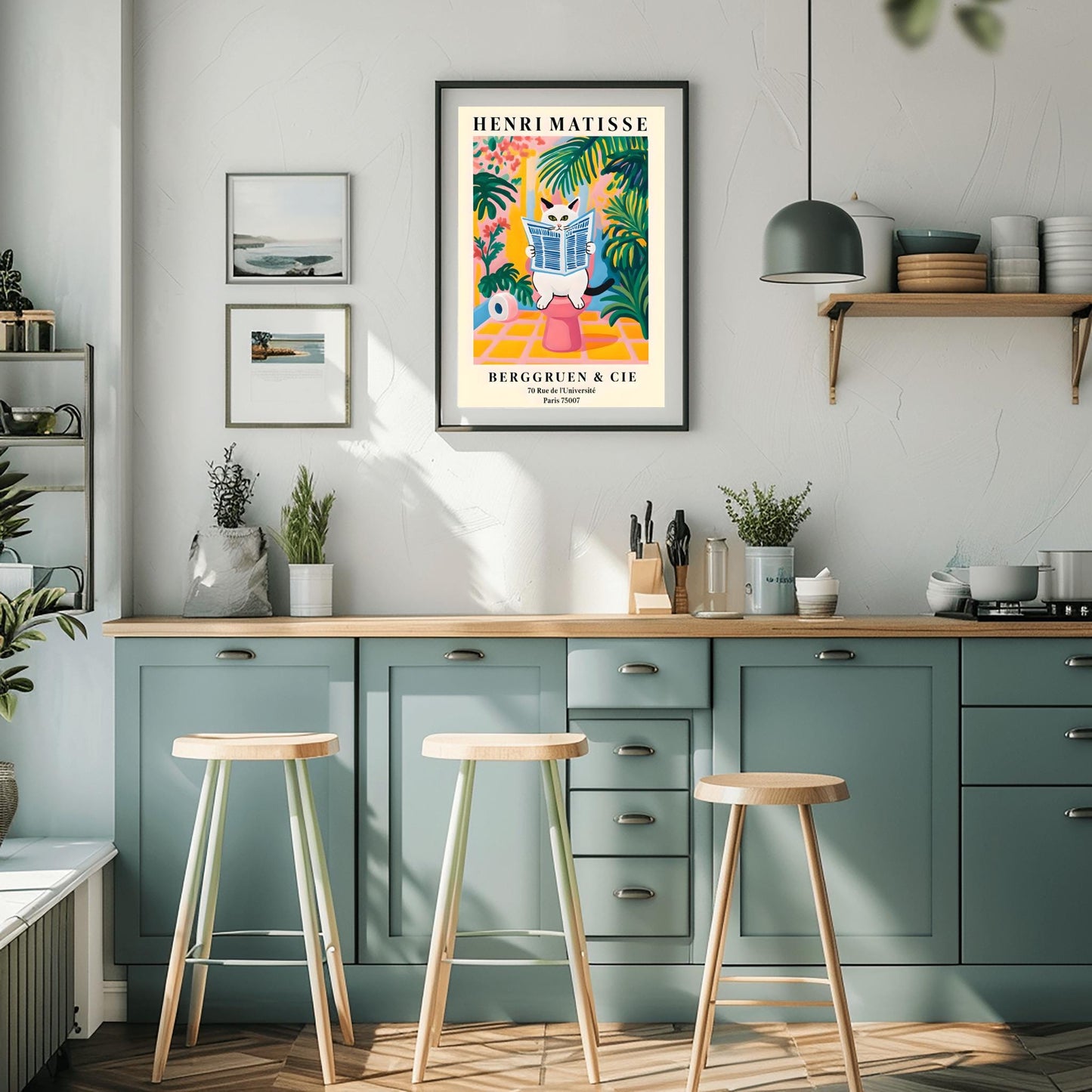 A whimsical, colorful poster in the style of Henri Matisse features an orange and black striped cat with green eyes sitting on a toilet, intently reading a blue-and-white striped newspaper. The bathroom setting is rendered in bold, flat blocks of color, dominated by pink, yellow, and green, with large leafy plants surrounding the cat. A roll of toilet paper is visible to the left. At the top, "HENRI MATISSE" is written in black capital letters.
