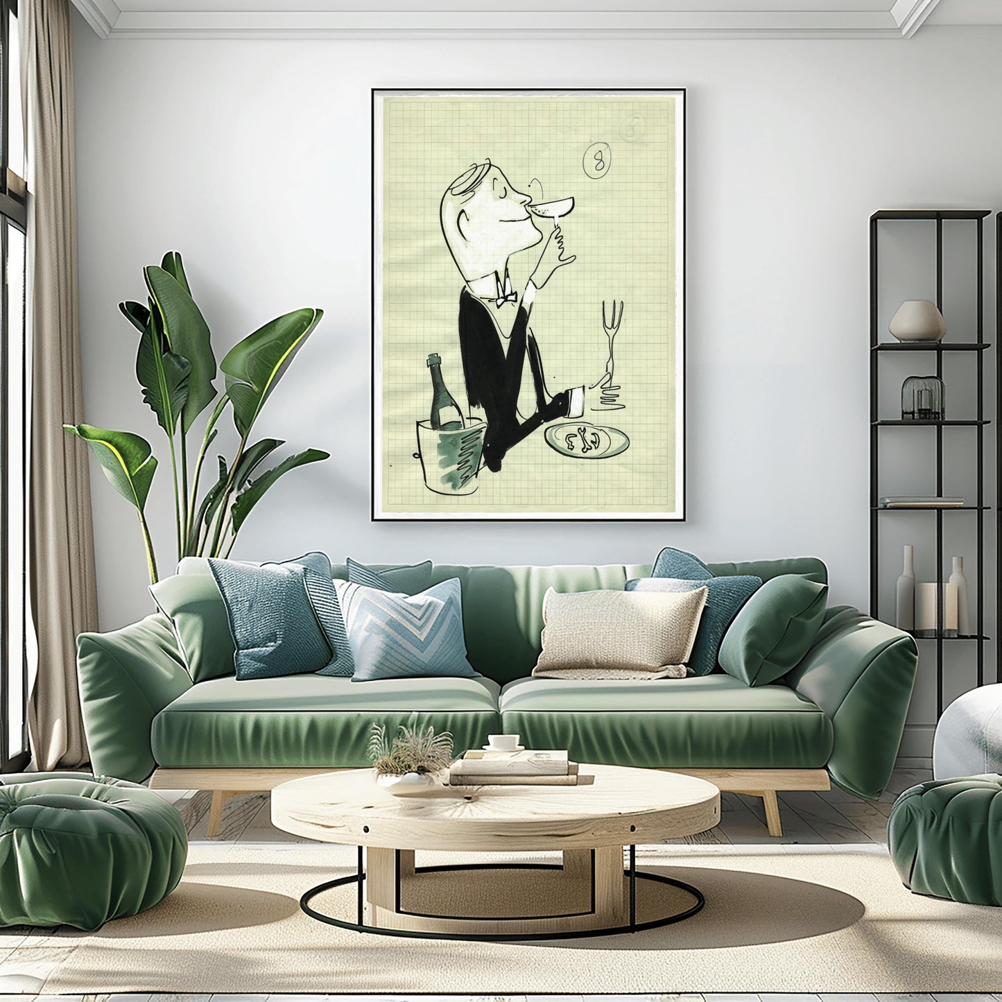 A vertical black-and-white ink sketch on a light green graph paper background. A man in a tuxedo and bow tie is shown from the waist up in profile, smiling as he sniffs a glass of wine or champagne. To his left is a bottle in a wine chiller bucket with grey watercolor shading. To his right, a hand holds a long fork over a plate with food remains. In the upper right corner, the number "8" is circled. The style is loose, expressive, and minimalist.