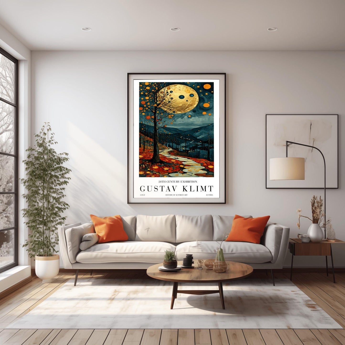 A vertical fine art painting in the style of Gustav Klimt. A massive, textured golden moon hangs in a dark, starlit sky above rolling teal mountains. A white, winding stone path leads through a foreground of orange and red autumn leaves. On the left, a slender tree is decorated with golden mosaic orbs. The overall style is rich in texture and golden ornamentation.