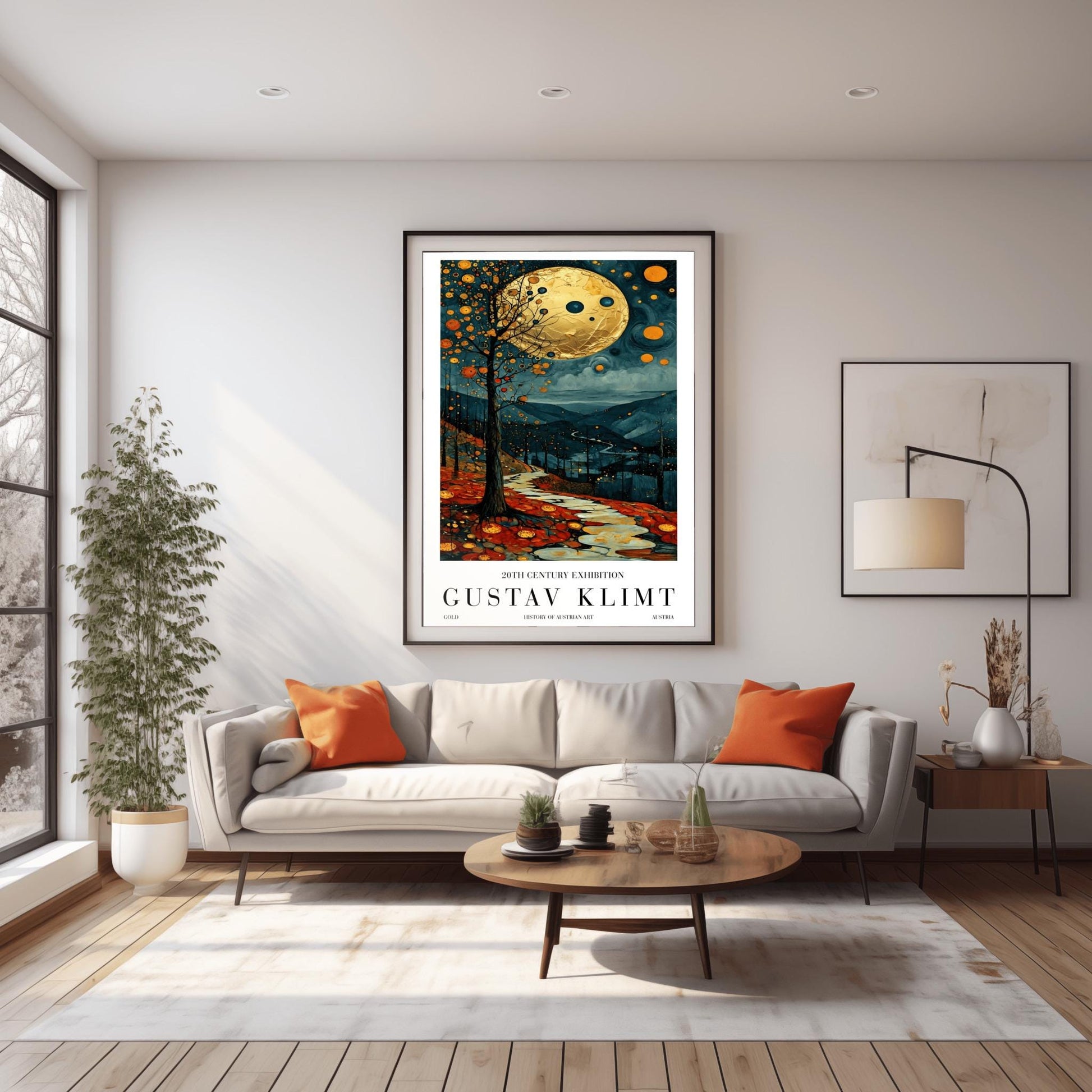 A vertical fine art painting in the style of Gustav Klimt. A massive, textured golden moon hangs in a dark, starlit sky above rolling teal mountains. A white, winding stone path leads through a foreground of orange and red autumn leaves. On the left, a slender tree is decorated with golden mosaic orbs. The overall style is rich in texture and golden ornamentation.