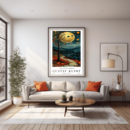A vertical fine art painting in the style of Gustav Klimt. A massive, textured golden moon hangs in a dark, starlit sky above rolling teal mountains. A white, winding stone path leads through a foreground of orange and red autumn leaves. On the left, a slender tree is decorated with golden mosaic orbs. The overall style is rich in texture and golden ornamentation.