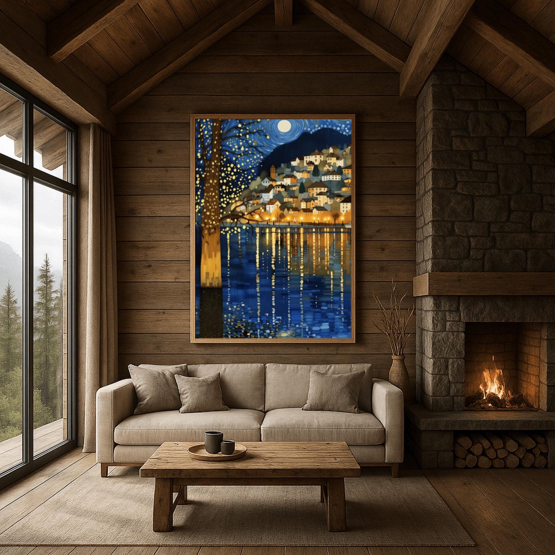 A vertical fine art painting in the style of Gustav Klimt. A coastal village with warm-lit houses is nestled on a hillside at night. A large, shimmering tree with gold-textured bark stands in the left foreground. Above, a full moon sits within a swirling blue sky of mosaic stars. The water in the foreground features long, vertical golden reflections of the village lights.