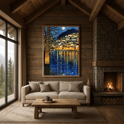 A vertical fine art painting in the style of Gustav Klimt. A coastal village with warm-lit houses is nestled on a hillside at night. A large, shimmering tree with gold-textured bark stands in the left foreground. Above, a full moon sits within a swirling blue sky of mosaic stars. The water in the foreground features long, vertical golden reflections of the village lights.