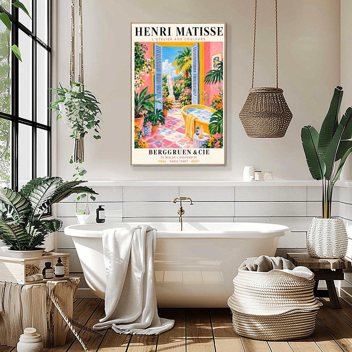 A vertical minimalist fine art exhibition poster in the style of Henri Matisse, featuring a wide white border layout. In the center, a simple black line drawing illustrates a vintage clawfoot bathtub sitting on a terracotta red balcony floor. The balcony opens out to a view of a flat royal blue ocean and a mustard yellow sky. The entire composition is framed by flat paper-cut abstract organic coral leaf shapes against a solid white backdrop.