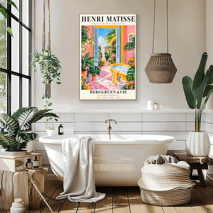 A vertical minimalist fine art exhibition poster in the style of Henri Matisse, featuring a wide white border layout. In the center, a simple black line drawing illustrates a vintage clawfoot bathtub sitting on a terracotta red balcony floor. The balcony opens out to a view of a flat royal blue ocean and a mustard yellow sky. The entire composition is framed by flat paper-cut abstract organic coral leaf shapes against a solid white backdrop.