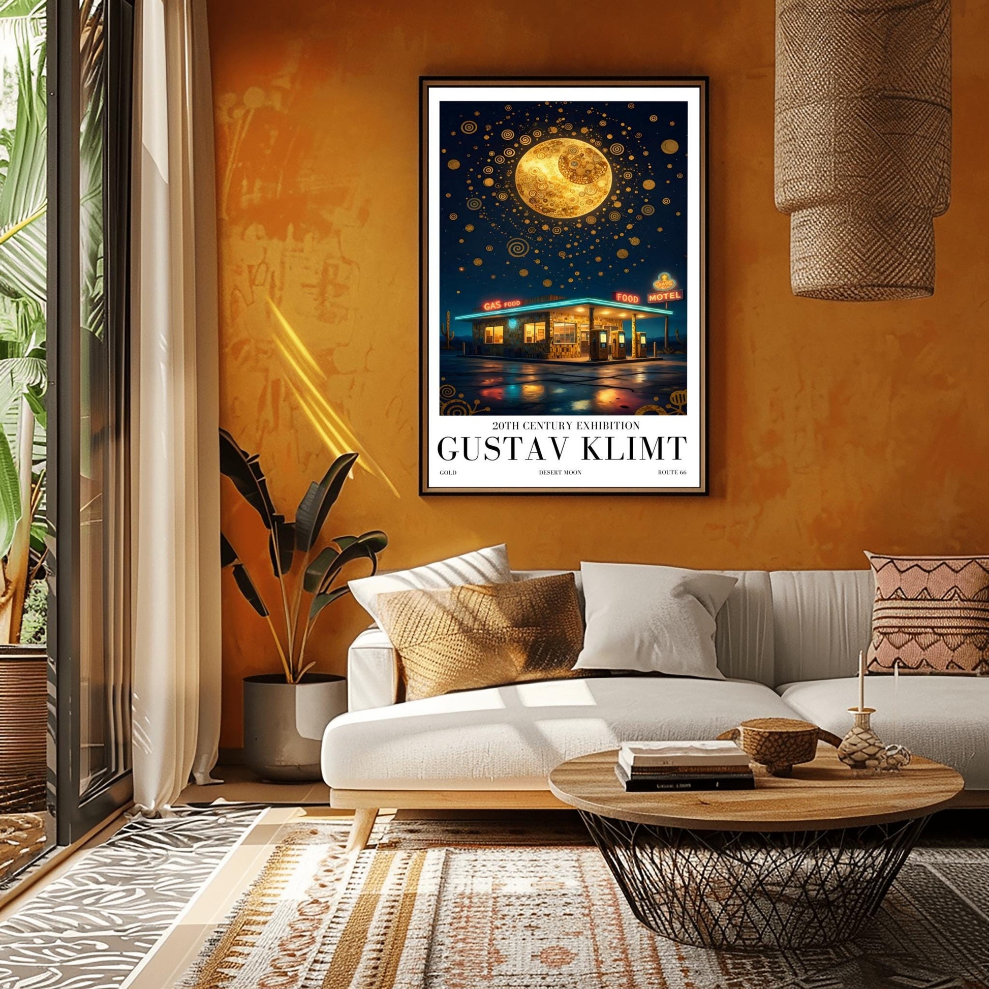 A vertical museum exhibition poster in the style of Gustav Klimt. A retro mid-century gas station and motel with neon signs stand in a desert landscape at night. A massive, ornate golden moon with mosaic patterns fills the top of a sky crowded with golden spirals and symbols. Bold black text at the bottom reads "GUSTAV KLIMT" and "DESERT MOON."