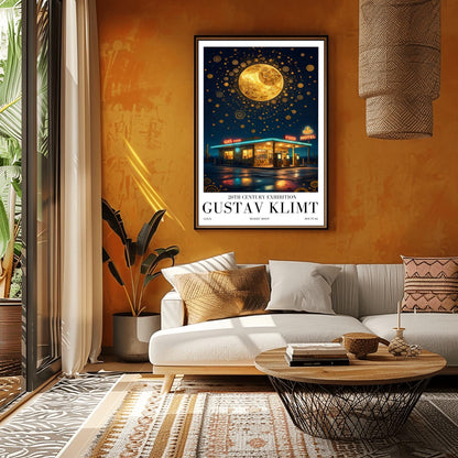 A vertical museum exhibition poster in the style of Gustav Klimt. A retro mid-century gas station and motel with neon signs stand in a desert landscape at night. A massive, ornate golden moon with mosaic patterns fills the top of a sky crowded with golden spirals and symbols. Bold black text at the bottom reads "GUSTAV KLIMT" and "DESERT MOON."