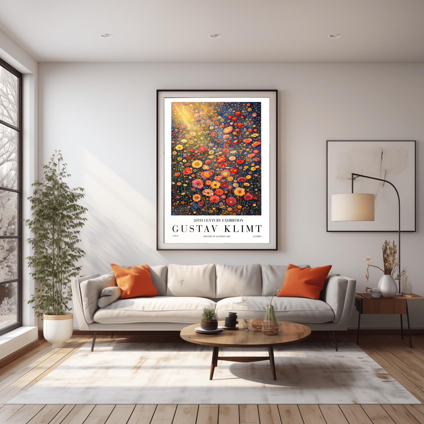 A vertical museum exhibition poster in the style of Gustav Klimt. A dense field of stylized poppies and wildflowers in coral, red, and yellow fills the frame. A bright golden sunburst glows from the top left. The background is a dark navy blue. Bold black text at the bottom reads "GUSTAV KLIMT" and "HISTORY OF AUSTRIAN ART."