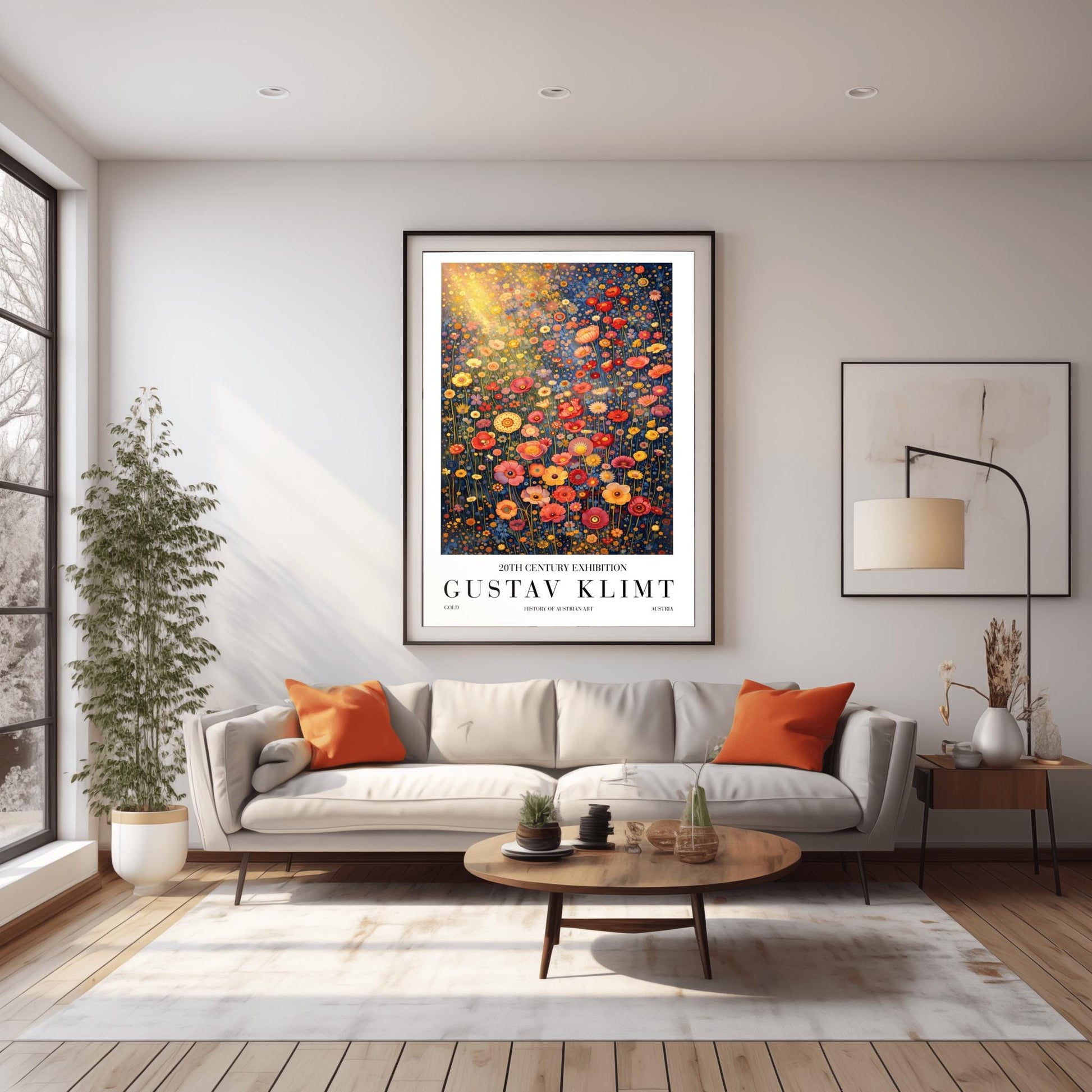 A vertical museum exhibition poster in the style of Gustav Klimt. A dense field of stylized poppies and wildflowers in coral, red, and yellow fills the frame. A bright golden sunburst glows from the top left. The background is a dark navy blue. Bold black text at the bottom reads "GUSTAV KLIMT" and "HISTORY OF AUSTRIAN ART."