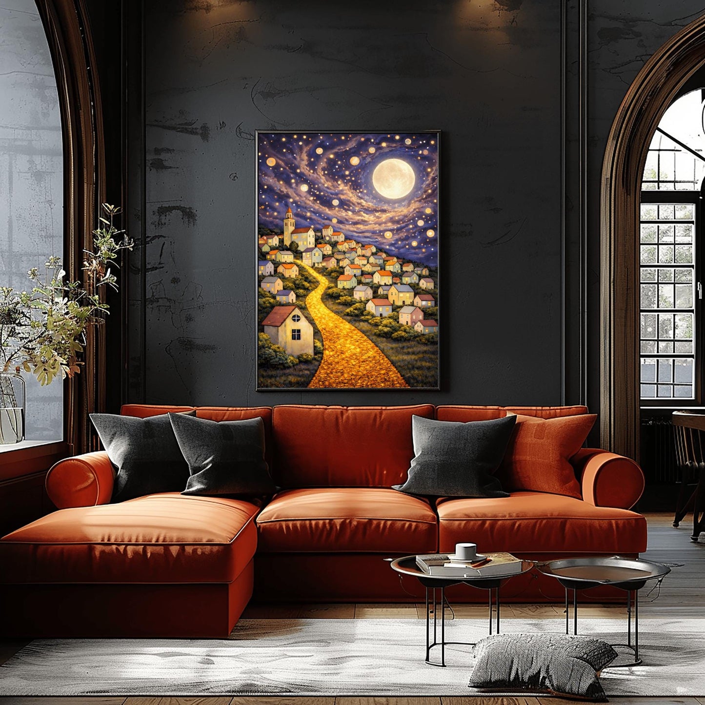 A vertical fine art print in the style of Gustav Klimt. A glowing road made of golden cobblestones winds up a steep hillside filled with small, charming houses. A massive, luminous full moon hangs in a purple and blue sky filled with stars and golden floating orbs.