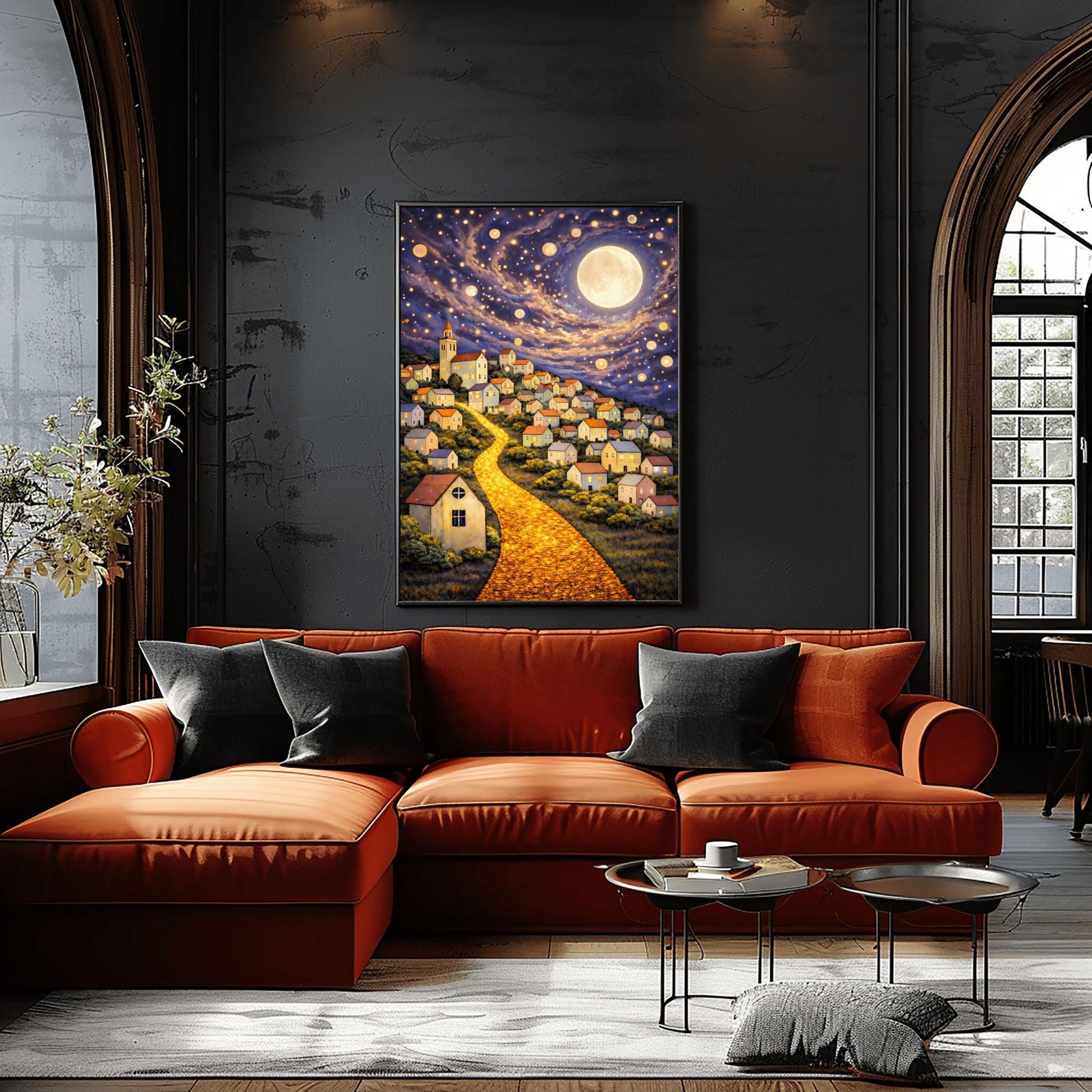 A vertical fine art print in the style of Gustav Klimt. A glowing road made of golden cobblestones winds up a steep hillside filled with small, charming houses. A massive, luminous full moon hangs in a purple and blue sky filled with stars and golden floating orbs.