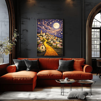 A vertical fine art print in the style of Gustav Klimt. A glowing road made of golden cobblestones winds up a steep hillside filled with small, charming houses. A massive, luminous full moon hangs in a purple and blue sky filled with stars and golden floating orbs.
